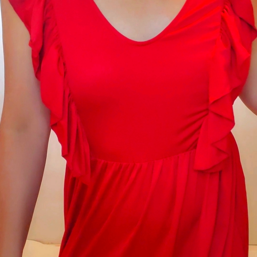 Red Maxi Long Dress Ruffled Top